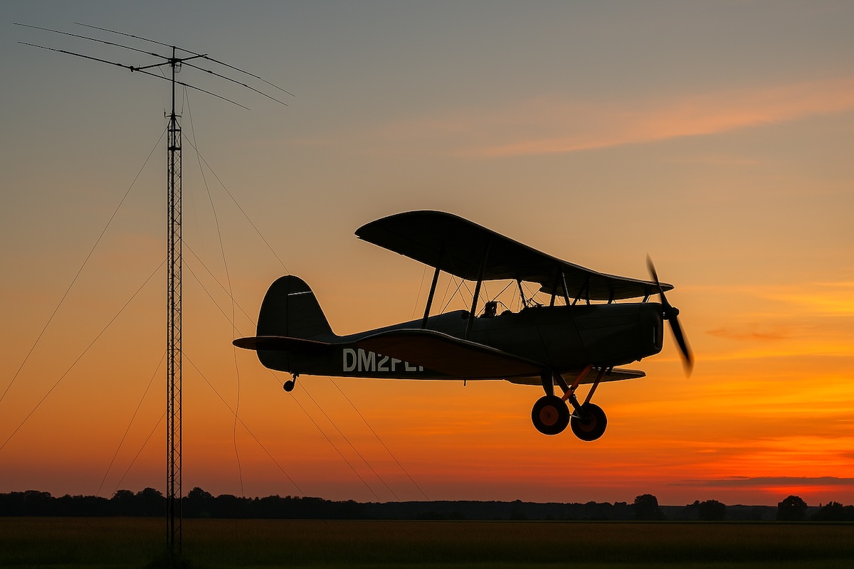 Doppeldecker mit DM2FLY über Funkmast bei Sonnenuntergang
